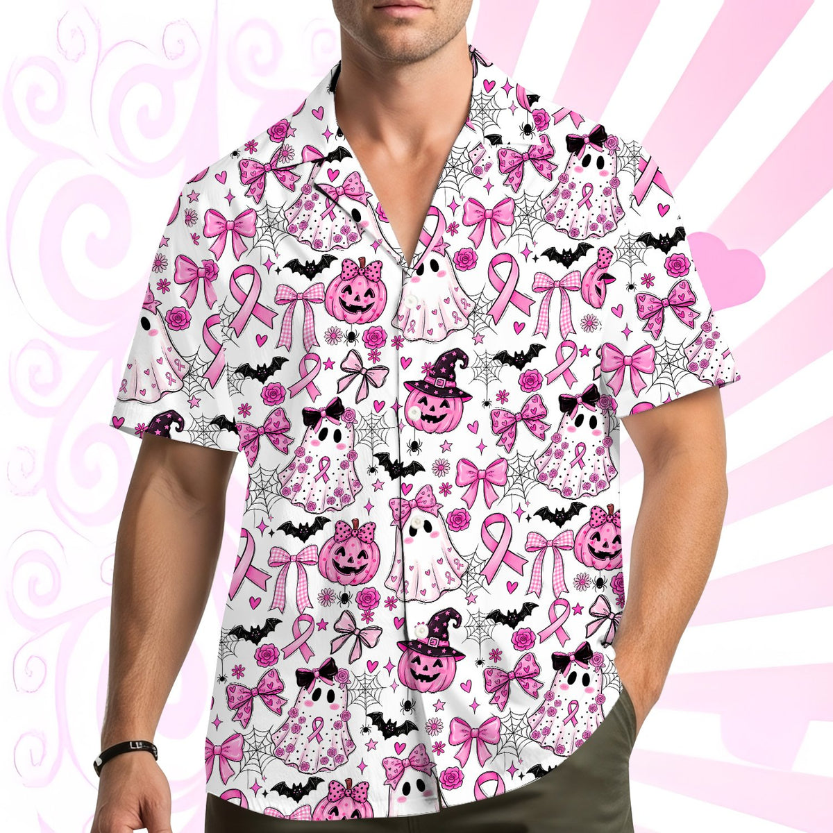Final lifestyle view showing the vibrant pink and black design on the white Hawaiian shirt