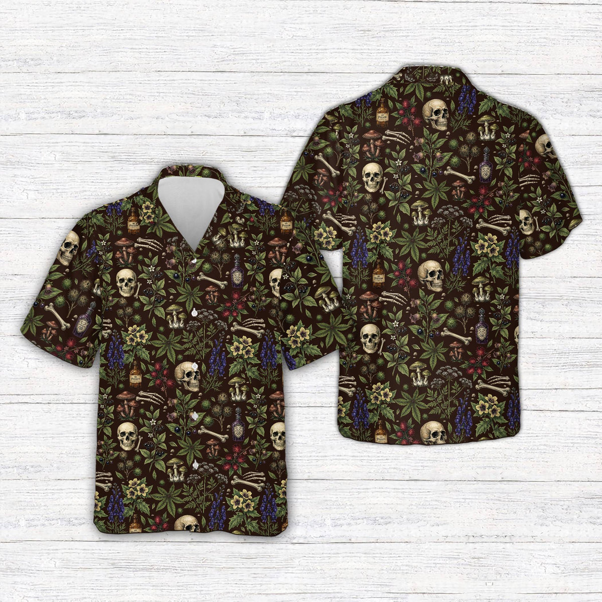 Front view of the brown Halloween Hawaiian shirt with poison bottles and bones