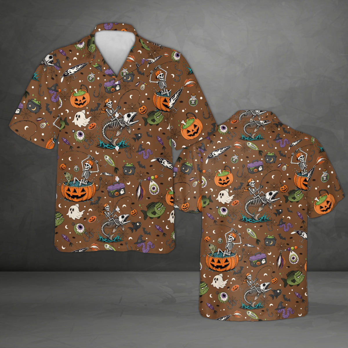 Brown matching family hawaiian shirt featuring zombie fish, front view