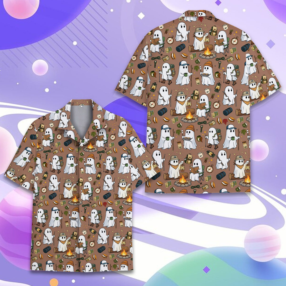 Back lifestyle view of the halloween camping ghosts hawaiian shirt