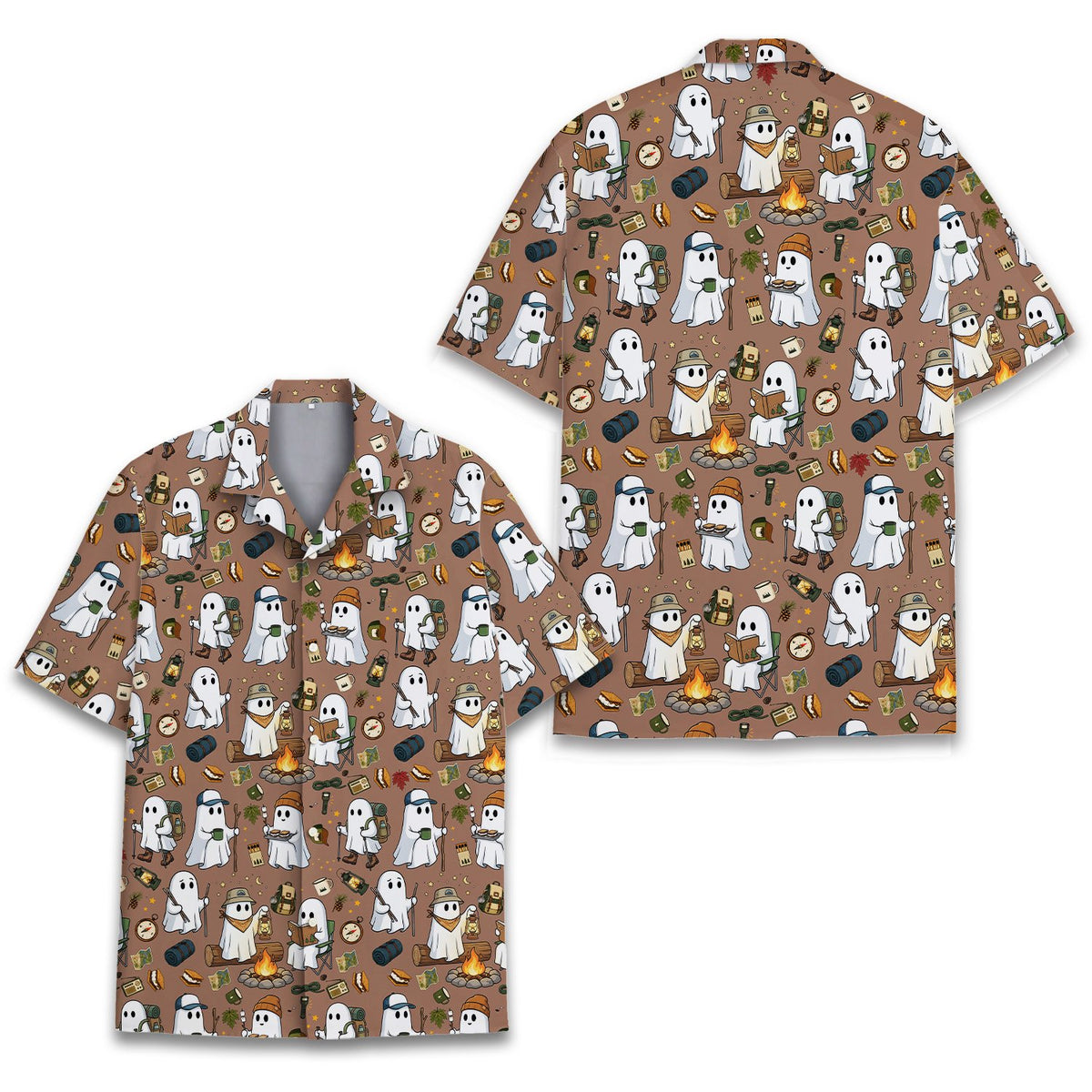 Close up back view showing the ghost and campfire pattern on the brown hawaiian shirt