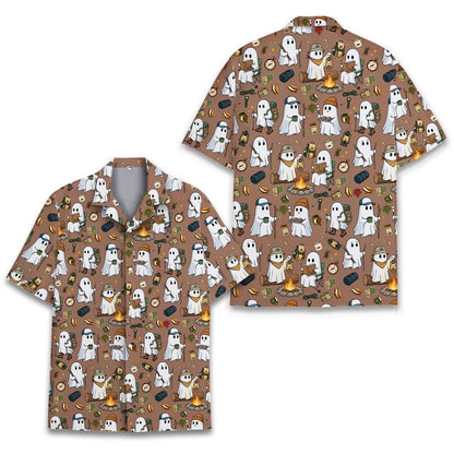 Close up back view showing the ghost and campfire pattern on the brown hawaiian shirt