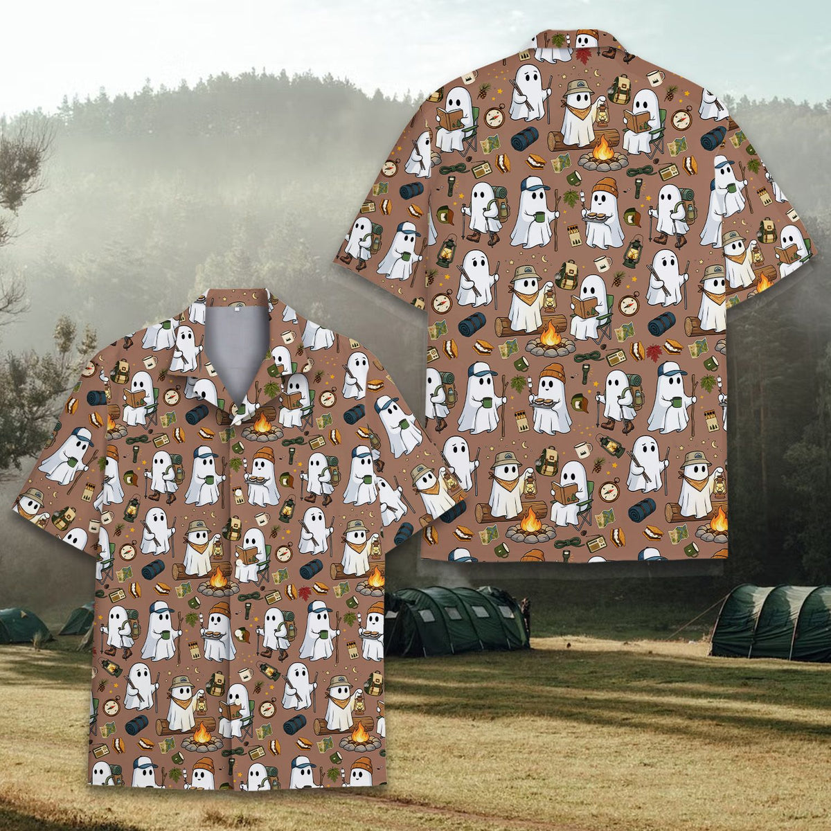 Back view of the matching family hawaiian shirts with Halloween camping ghosts design