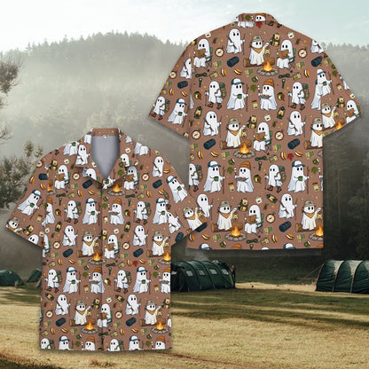 Back view of the matching family hawaiian shirts with Halloween camping ghosts design