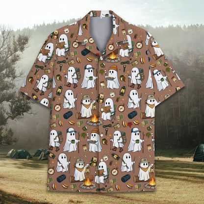 Front lifestyle view of the matching family hawaiian shirts with Halloween ghosts