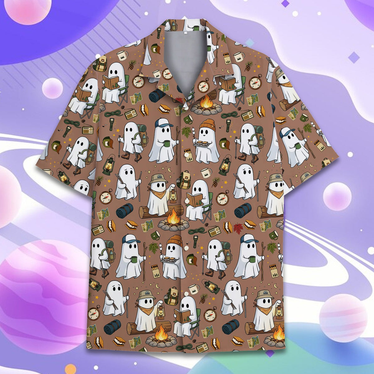 Close up front view of the halloween camping ghosts hawaiian shirt fabric and buttons