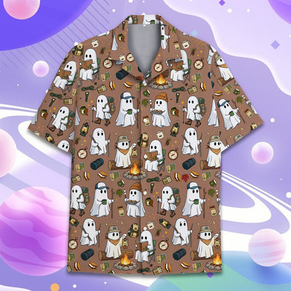 Close up front view of the halloween camping ghosts hawaiian shirt fabric and buttons