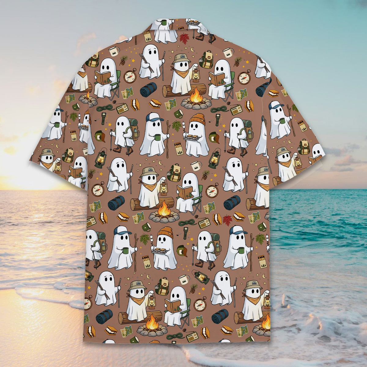 Front angle view of the brown halloween hawaiian shirt