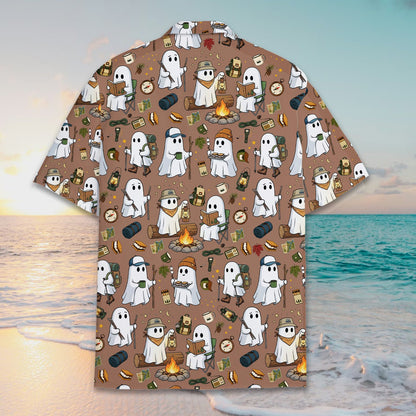 Front angle view of the brown halloween hawaiian shirt