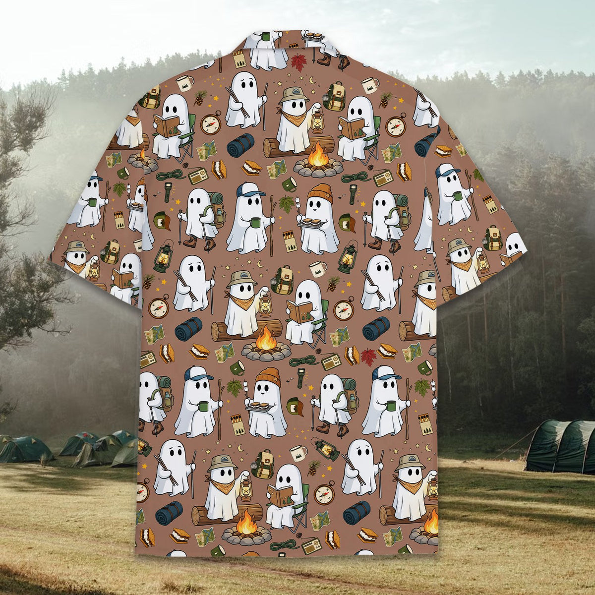 Front detail view of the halloween camping ghosts hawaiian shirt collar