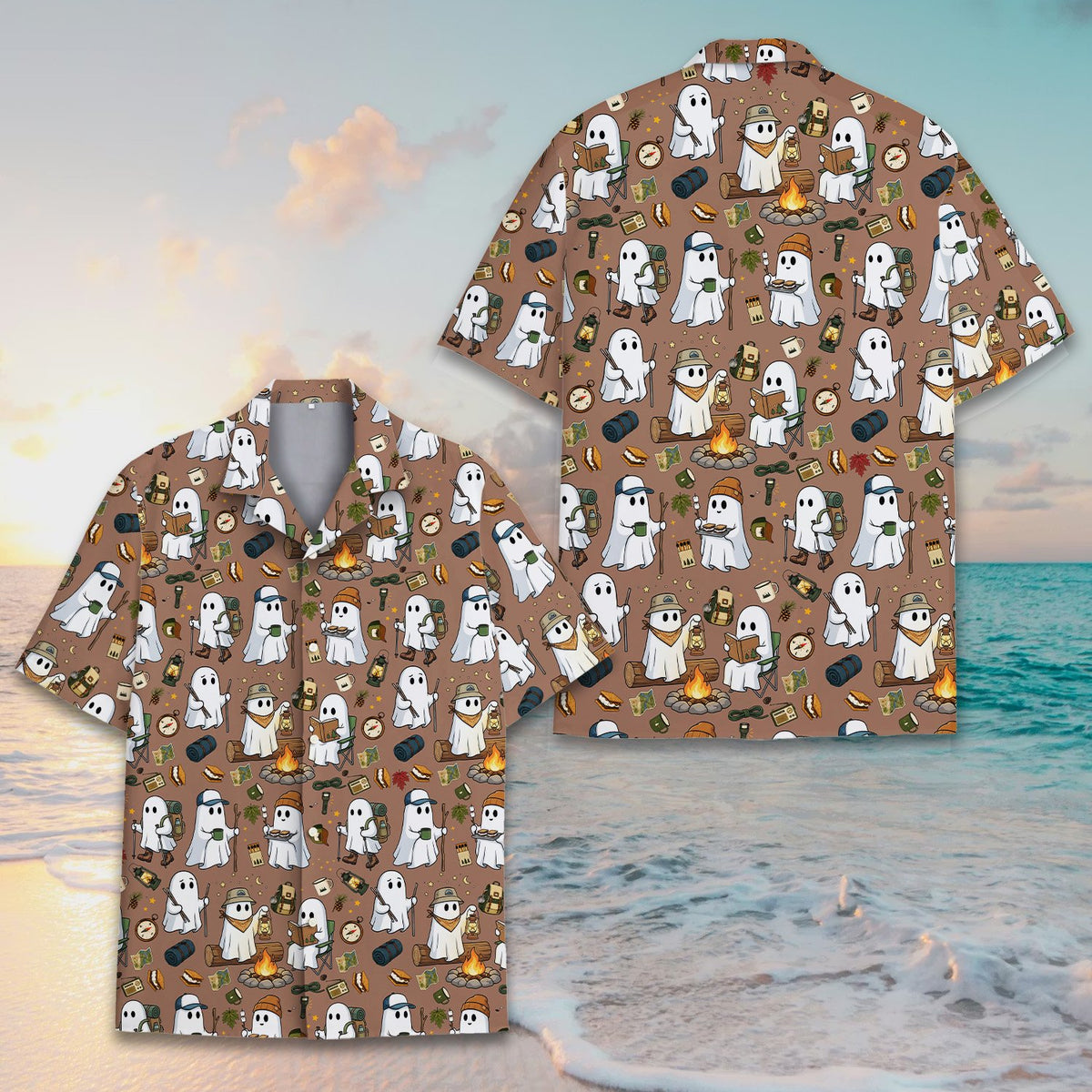 Halloween camping ghosts hawaiian shirt featuring cute ghosts making s'mores and hiking on a brown background, matching family hawaiian shirts main view