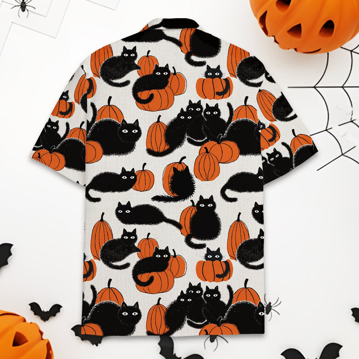 Halloween cats and pumpkins hawaiian shirt, alternative back view.