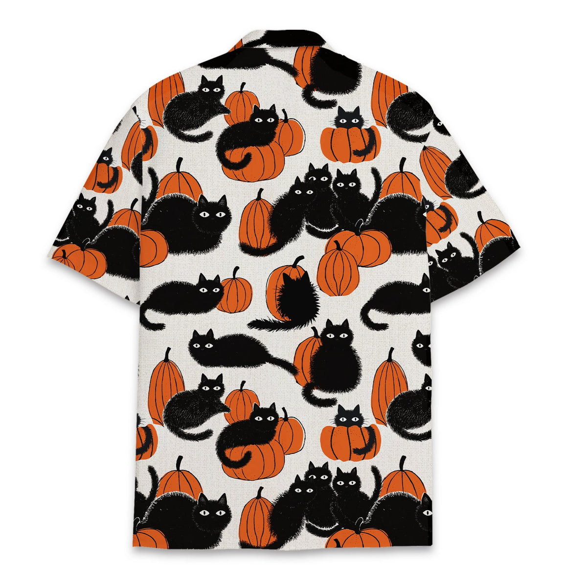 Halloween cats and pumpkins hawaiian shirt, back view.