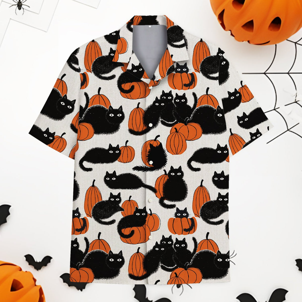Halloween cats and pumpkins hawaiian shirt, front view.