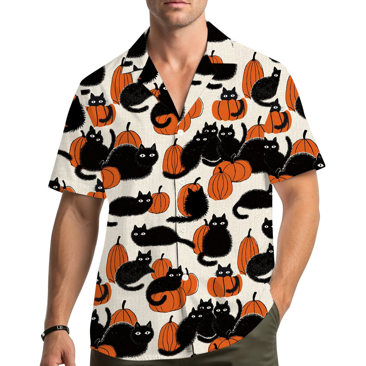 Third lifestyle view of matching family hawaiian shirts with Halloween cats and pumpkins.