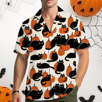 Fourth lifestyle view of matching family hawaiian shirts with Halloween cats and pumpkins.