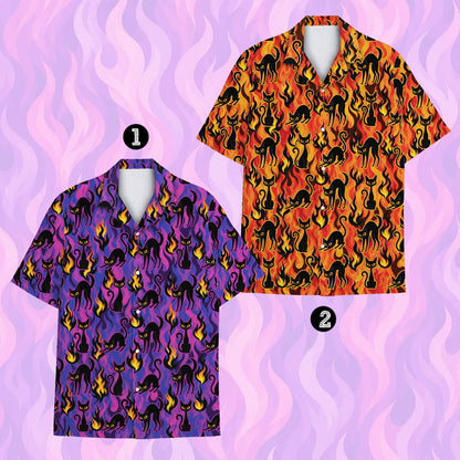 Purple and orange halloween hawaiian shirt, front view