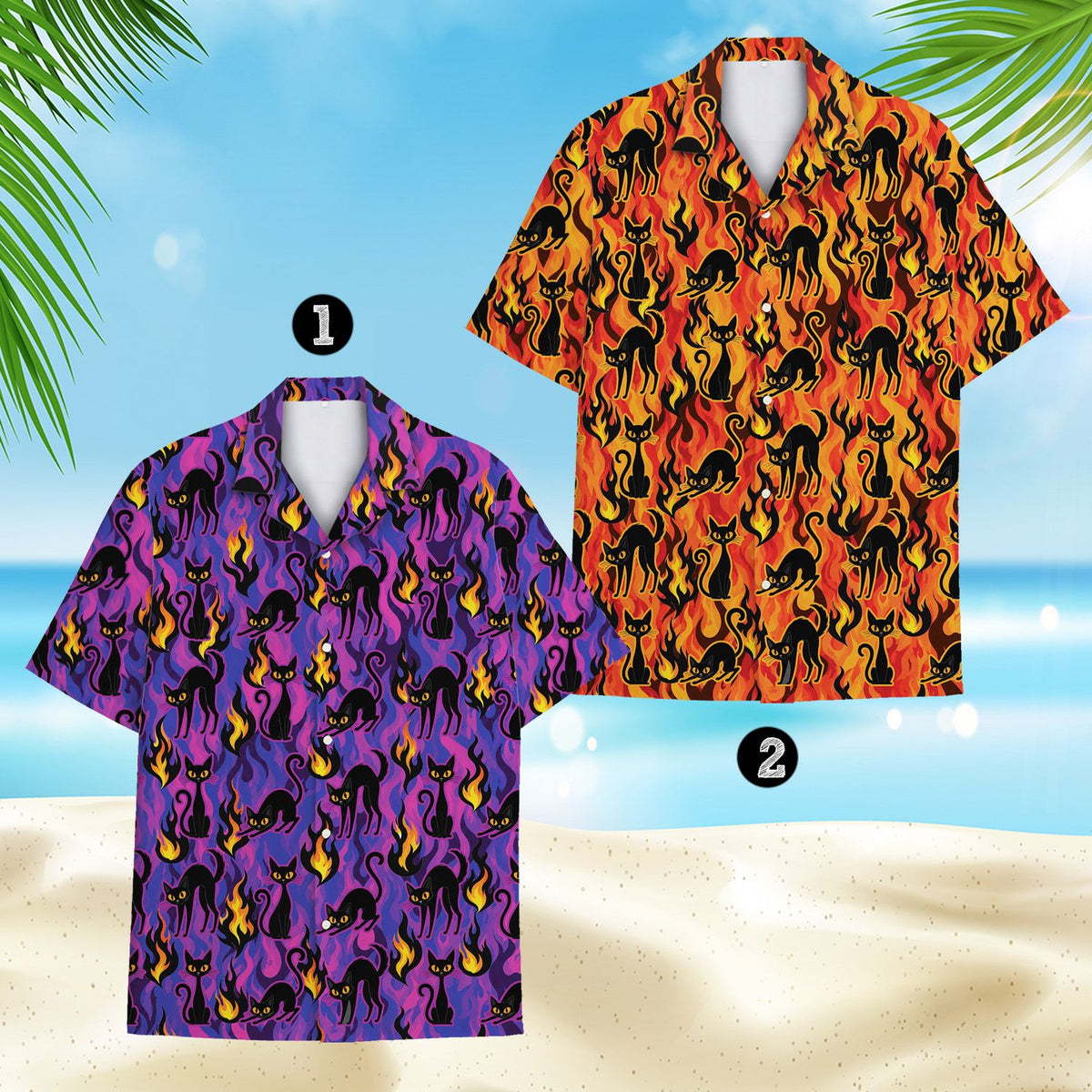 Halloween cats hawaiian shirt design detail, front view