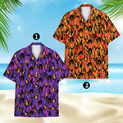 Halloween cats hawaiian shirt design detail, front view