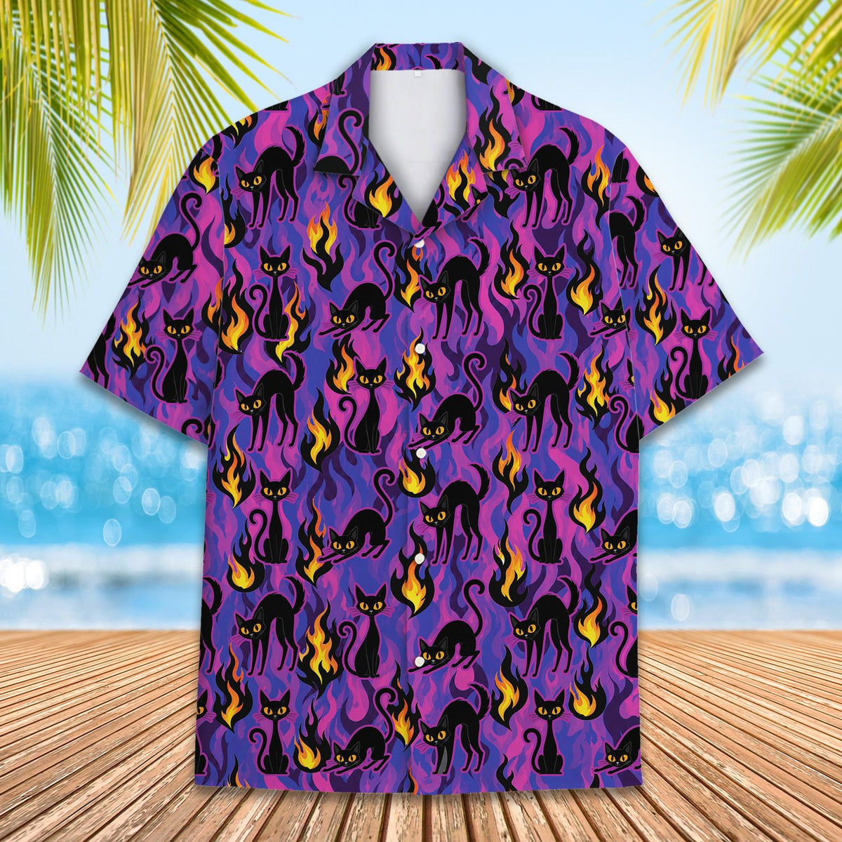 Matching family hawaiian shirts in halloween cat print, front view