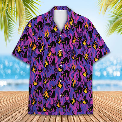 Matching family hawaiian shirts in halloween cat print, front view