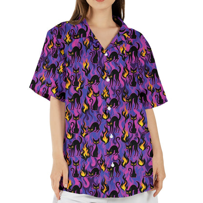 Family wearing matching halloween cats hawaiian shirts, lifestyle view