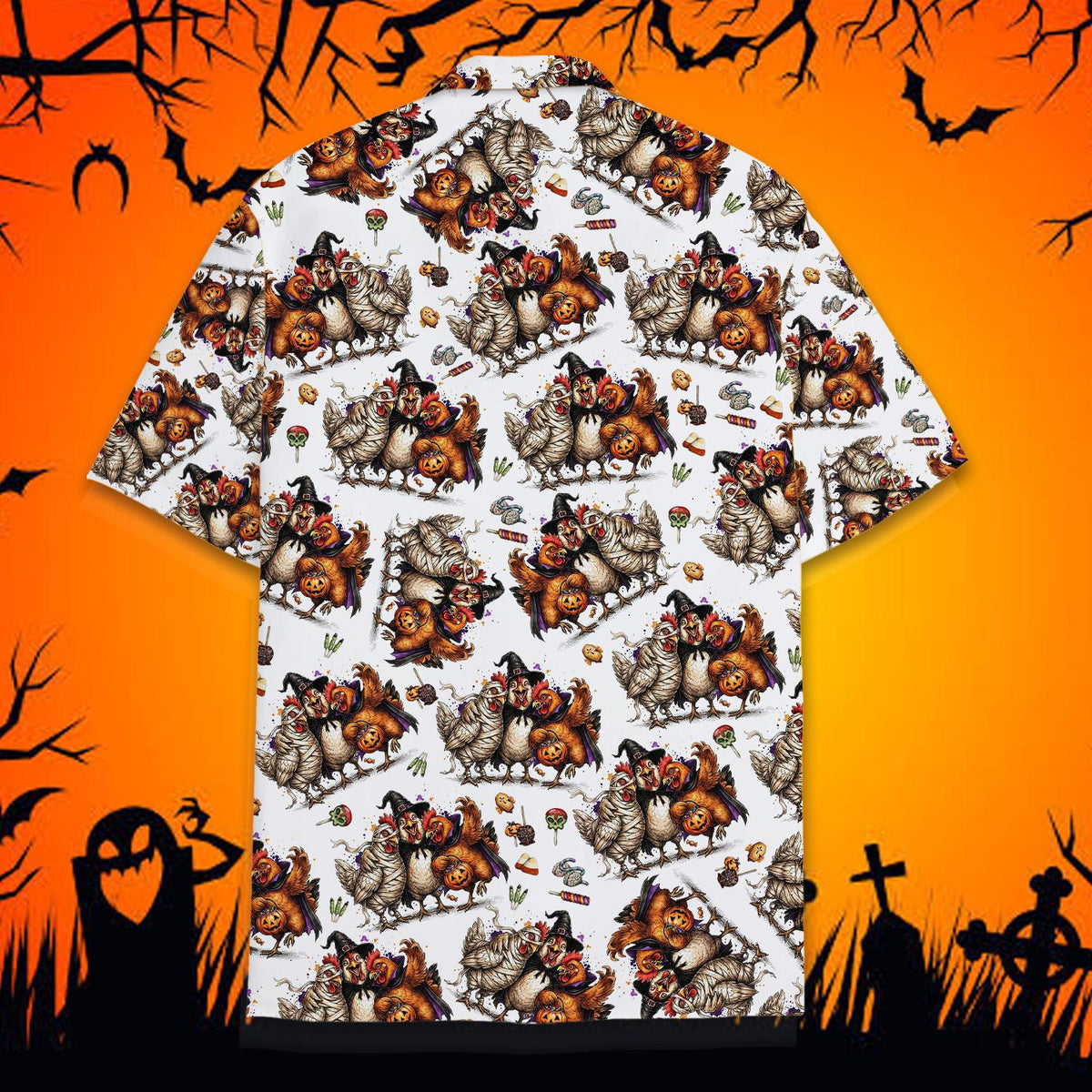 Second back view of the festive Halloween chicken pattern shirt