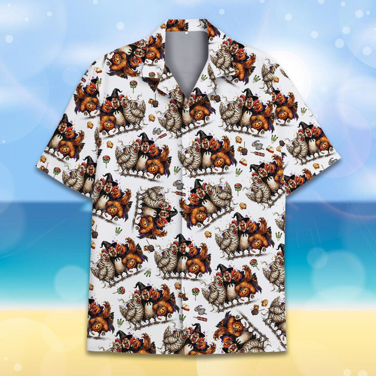 Back view of the Halloween chickens Hawaiian shirt for family matching outfits