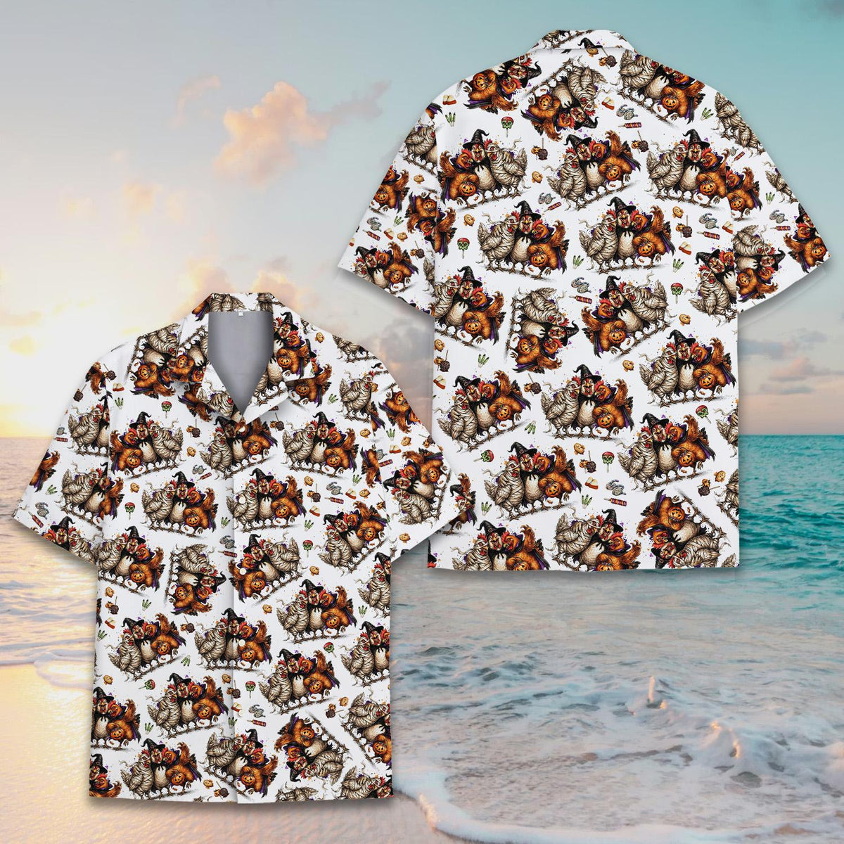 Another front view of the festive Halloween matching family Hawaiian shirt