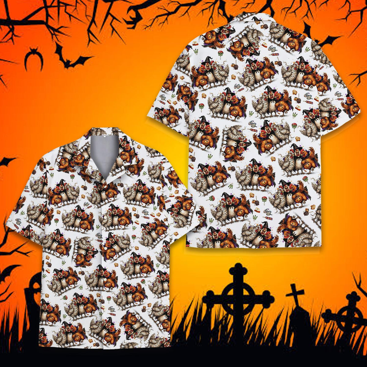 Detailed front view of the white, brown, orange, and black Halloween Hawaiian shirt