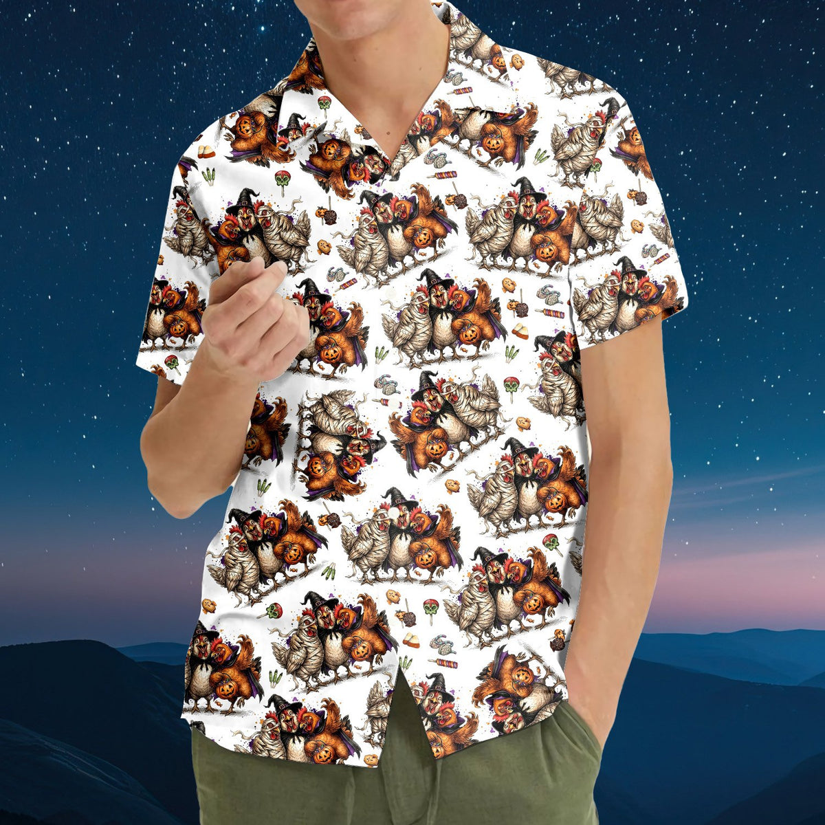 Close-up front view of the Halloween chickens Hawaiian shirt