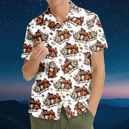Close-up front view of the Halloween chickens Hawaiian shirt