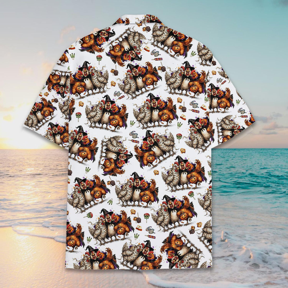 Matching family Halloween chickens Hawaiian shirt featuring cartoon poultry in costumes