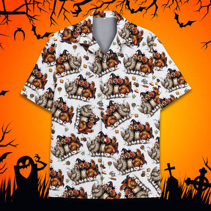 Lifestyle view of someone wearing the matching family Halloween chickens Hawaiian shirt