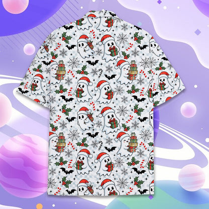 Second back view of the holiday mashup hawaiian shirt.