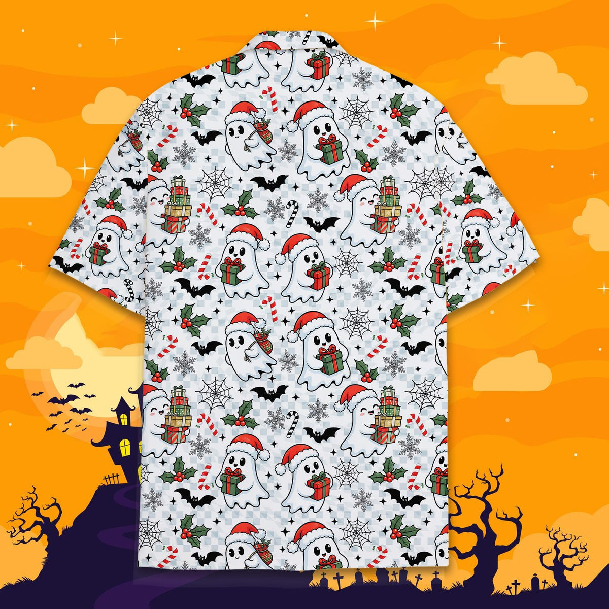 Back view of the halloween christmas ghost mashup hawaiian shirt.