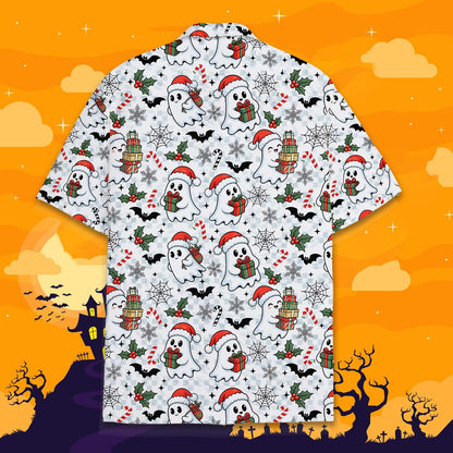 Back view of the halloween christmas ghost mashup hawaiian shirt.