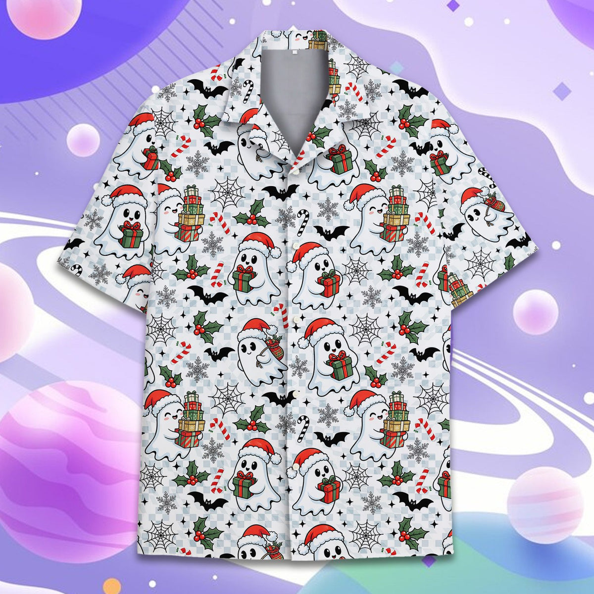 Second front view of the festive ghost hawaiian shirt.