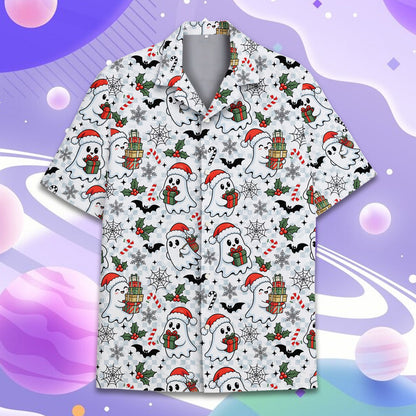 Second front view of the festive ghost hawaiian shirt.