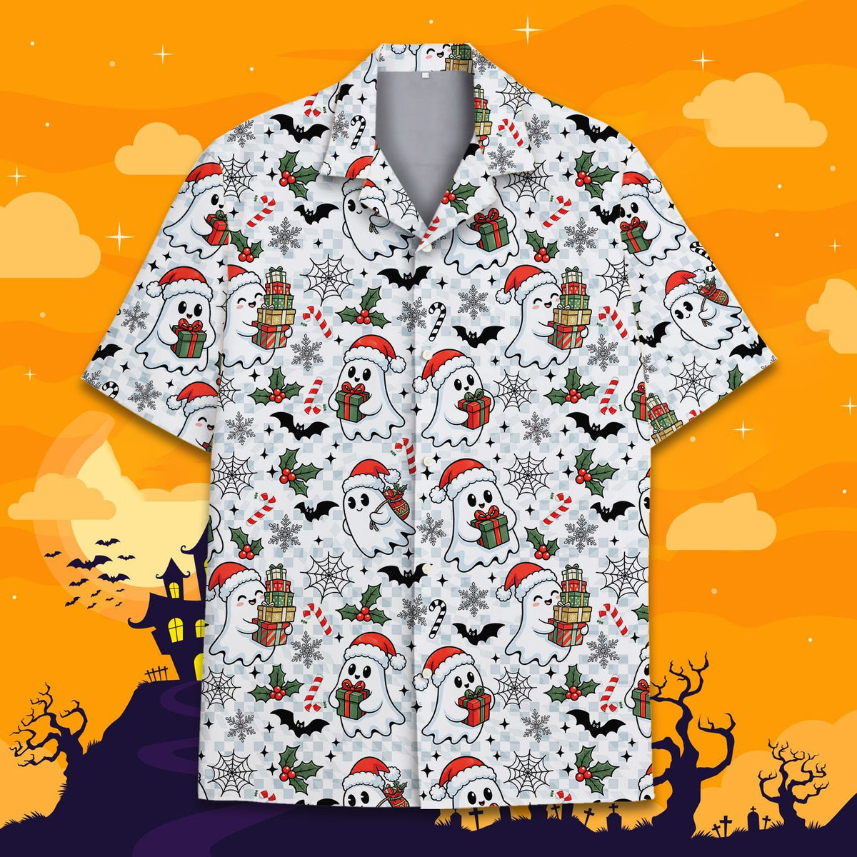 Third front view of the light blue holiday hawaiian shirt.
