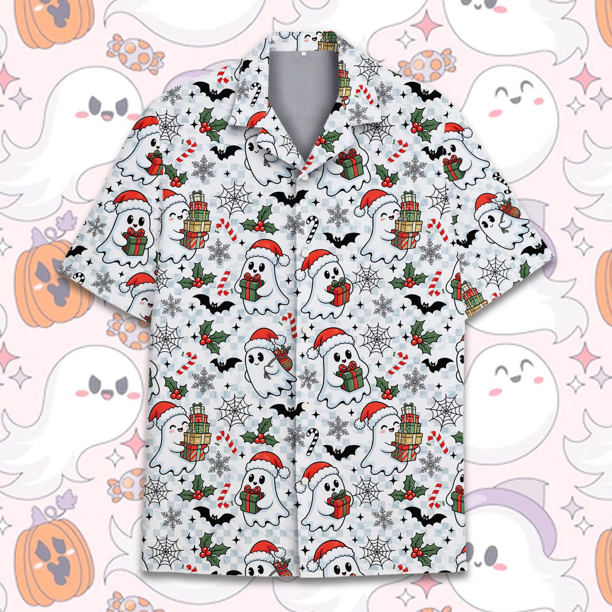 Main view of the matching family halloween and christmas hawaiian shirt featuring ghosts in Santa hats.