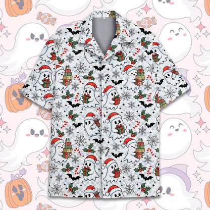 Main view of the matching family halloween and christmas hawaiian shirt featuring ghosts in Santa hats.