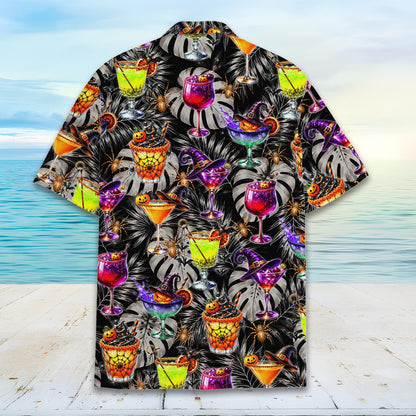 Detailed back view showcasing the all-over black and gray palm leaf background