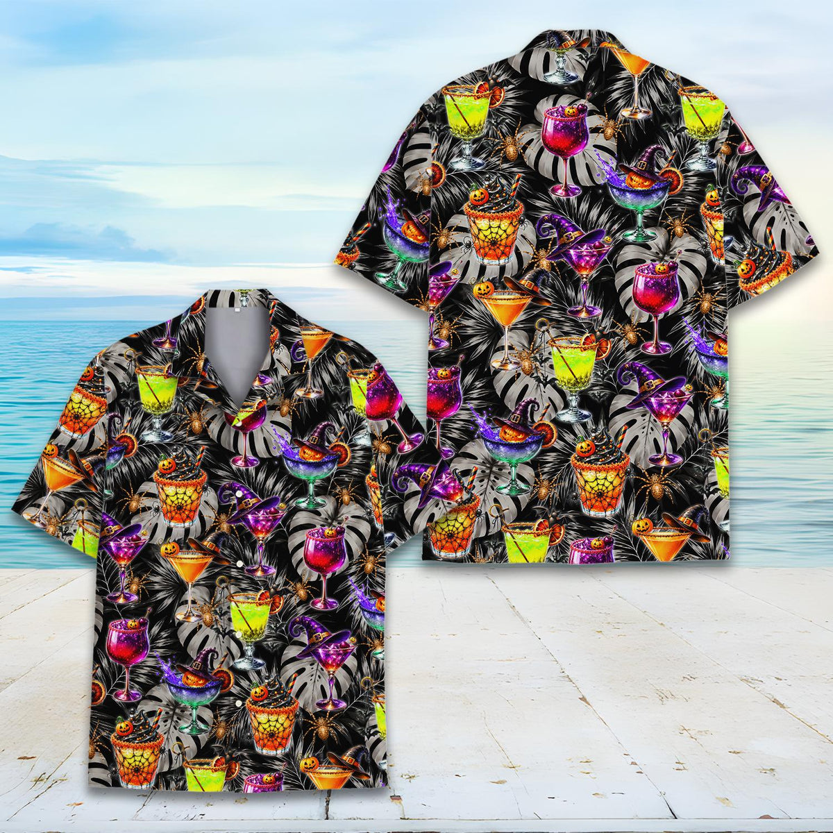 Another front view of the festive halloween cocktails hawaiian shirt
