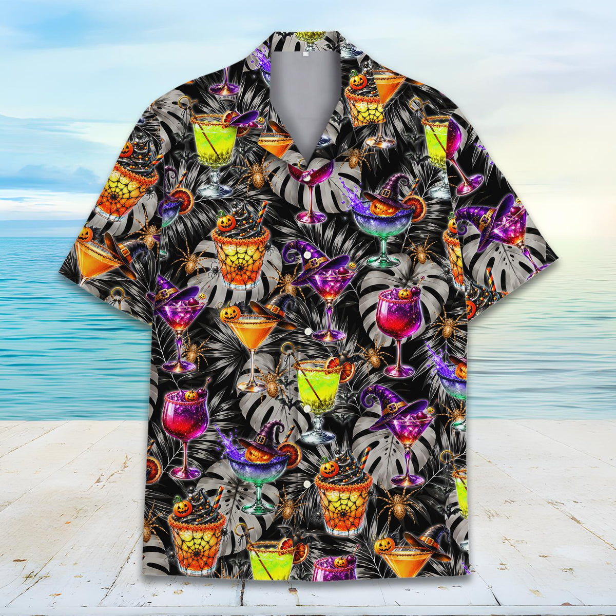 Detailed front view showing the vibrant cocktail and spider web pattern