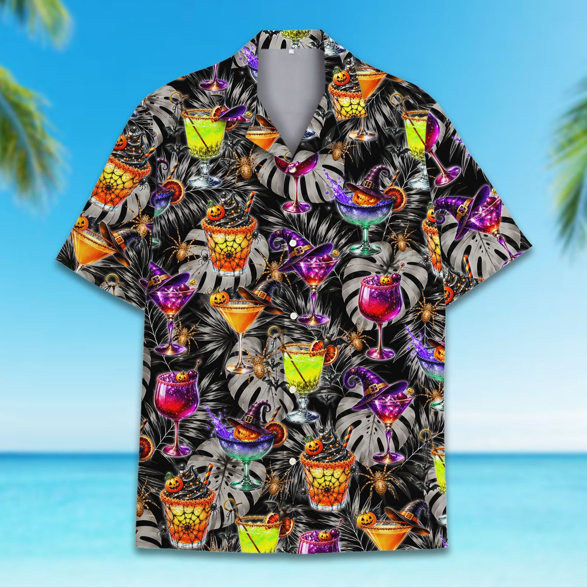 Close-up front view of the halloween hawaiian shirt collar and buttons