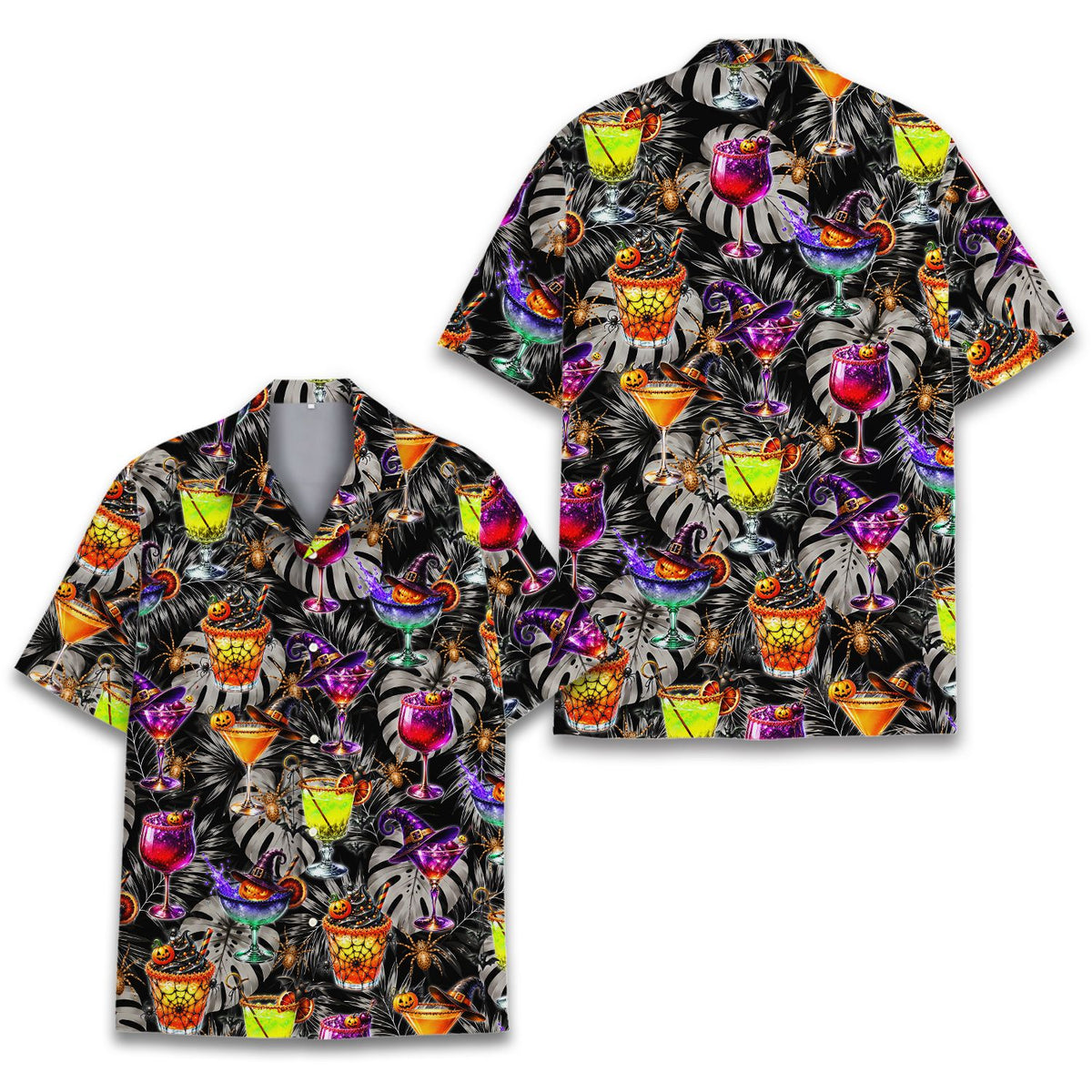 Main view of the halloween cocktails hawaiian shirt featuring vibrant drinks and black palm leaves