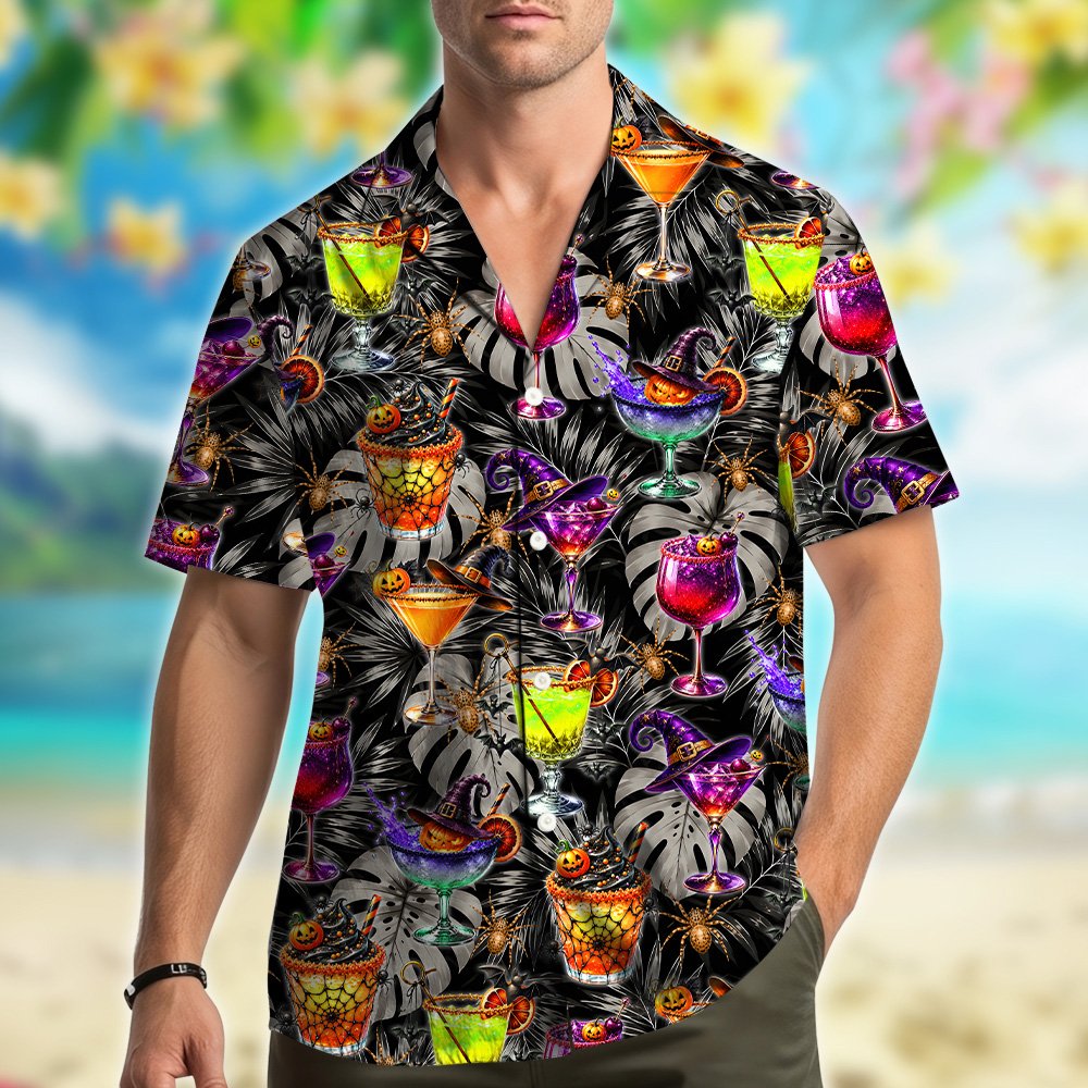 Lifestyle image of the halloween cocktails hawaiian shirt worn outdoors