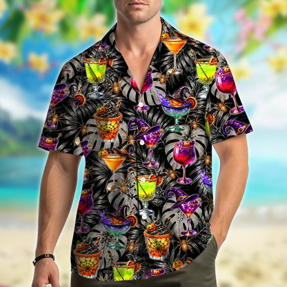 Lifestyle image of the halloween cocktails hawaiian shirt worn outdoors