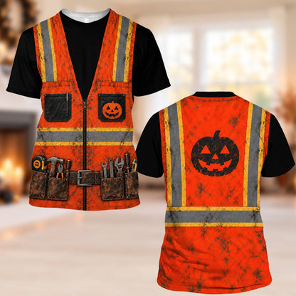 Close-up of construction hawaiian shirt showing printed tool belt and reflective stripes